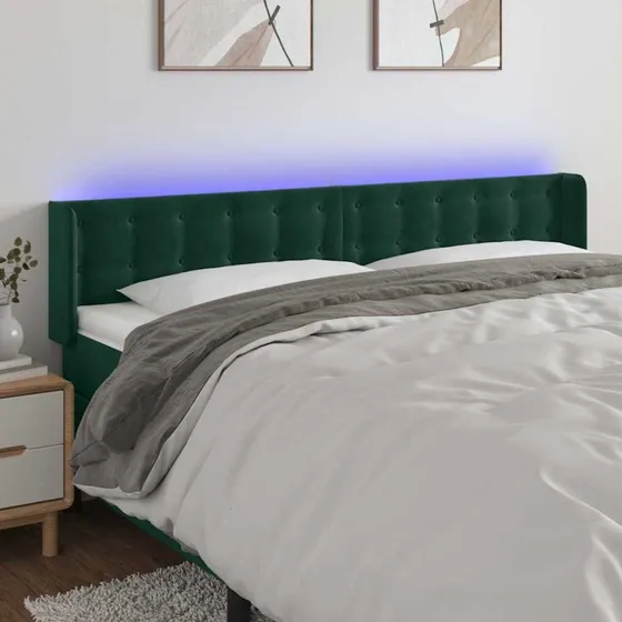 vidaXL Sengegavl med LED-lys 183x16x78/88 cm fløjl mørkegrøn