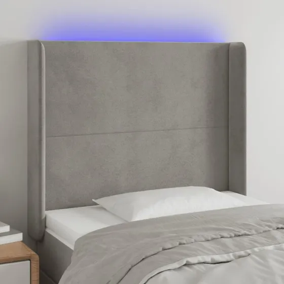 vidaXL Sengegavl med LED-lys 83x16x118/128 cm fløjl lysegrå