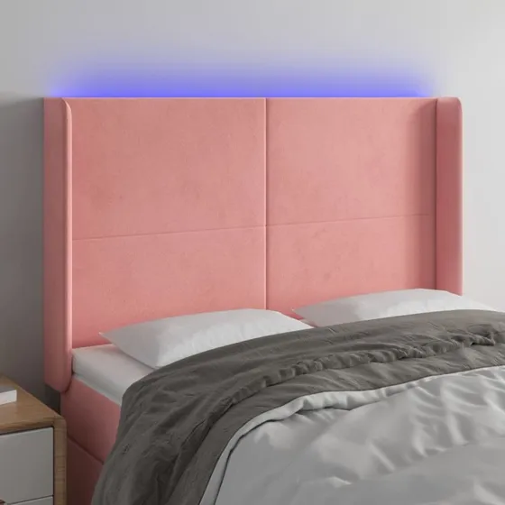 vidaXL Sengegavl med LED-lys 147x16x118/128 cm fløjl lyserød