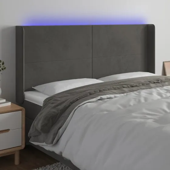 vidaXL Sengegavl med LED-lys 183x16x118/128 cm, fløjl, mørkegrå