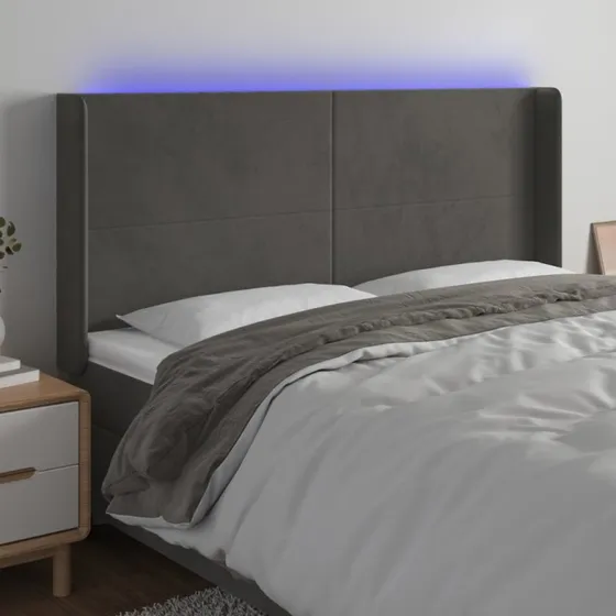 vidaXL Sengegavl med LED-lys 203x16x118/128 cm mørkegrå fløjl