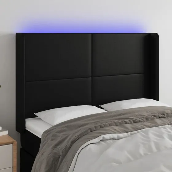 vidaXL Sengegavl med LED-lys 147x16x118/128 cm sort