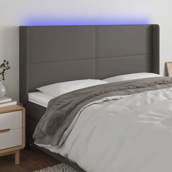 vidaXL Sengegavl med LED-lys 183x16x118/128 cm grå kunstlæder