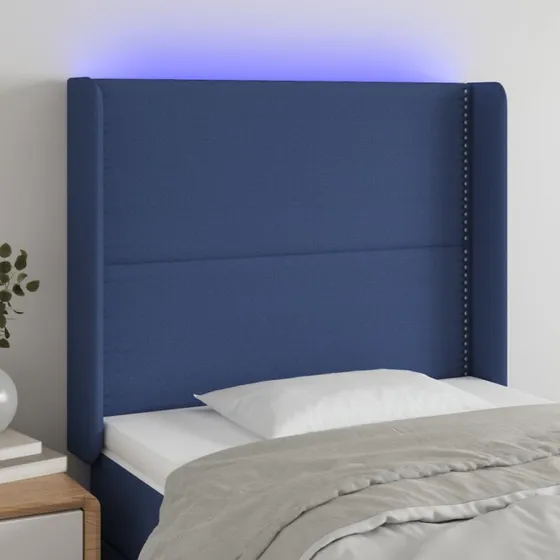 vidaXL Sengegavl med LED-lys 93x16x118/128 cm blå stof