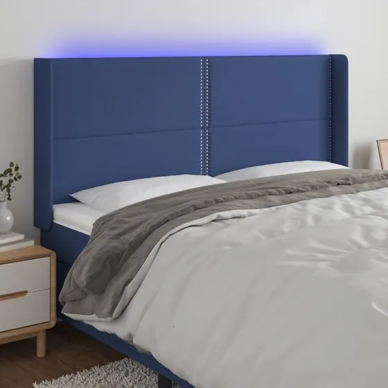 vidaXL Sengegavl med LED-lys 183x16x118/128 cm blå stof