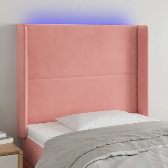 vidaXL Sengegavl med LED-lys 83x16x118/128 cm fløjl lyserød