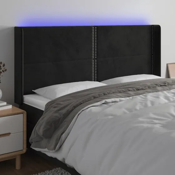 vidaXL Sengegavl med LED-lys 163x16x118/128 cm, sort, fløjl