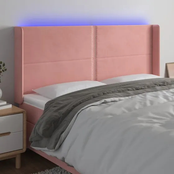 vidaXL Sengegavl med LED-lys 163x16x118/128 cm fløjl lyserød