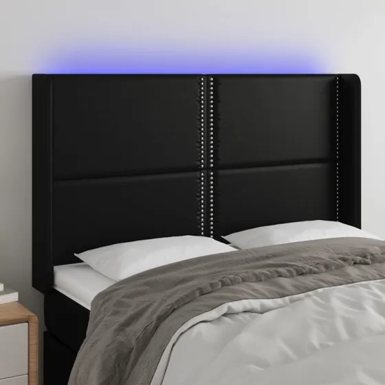 vidaXL Sengegavl med LED-lys 147x16x118/128 cm sort
