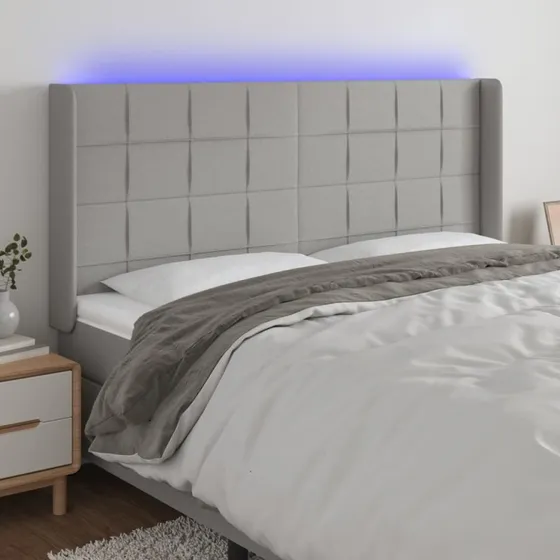 vidaXL Sengegavl med LED-lys 183x16x118/128 cm lysegrå