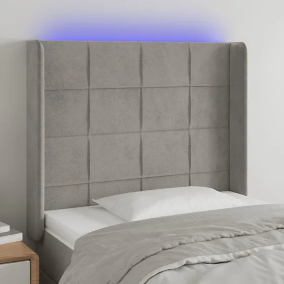 vidaXL Sengegavl med LED-lys 93x16x118/128 cm fløjl lysegrå