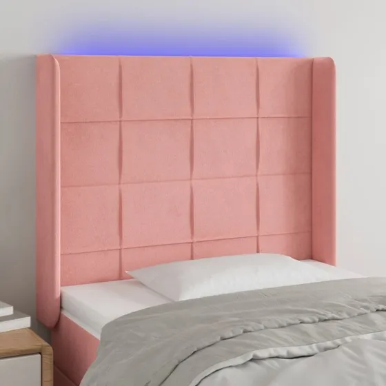 vidaXL Sengegavl med LED-lys 93x16x118/128 cm fløjl lyserød