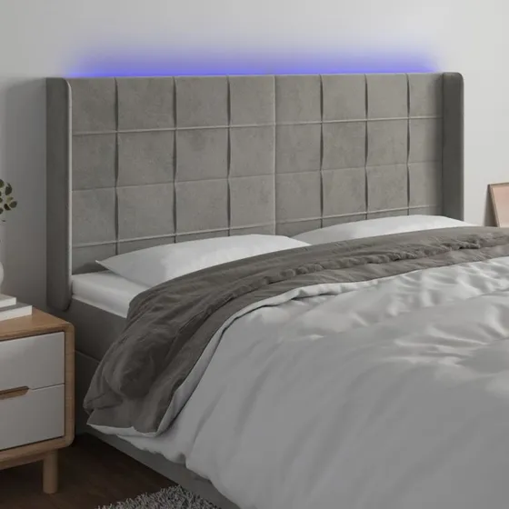 vidaXL Sengegavl med LED-lys 183x16x118/128 cm fløjl lysegrå