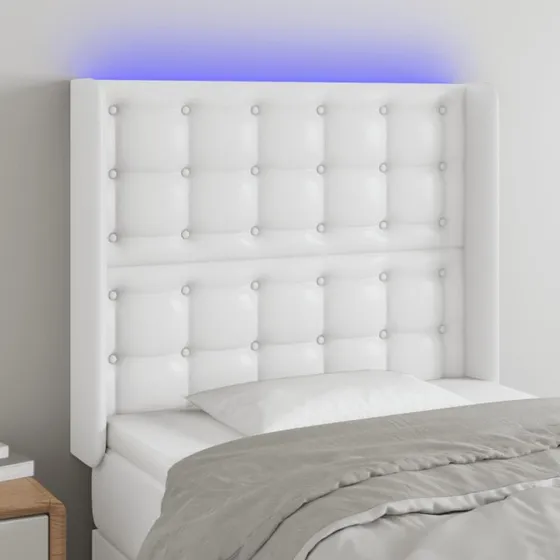 vidaXL Sengegavl med LED-lys 83x16x118/128 cm hvid kunstlæder