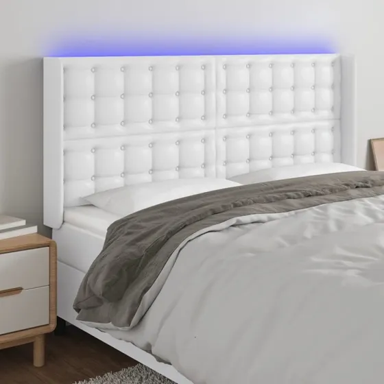 vidaXL Sengegavl med LED-lys 203x16x118/128 cm hvid kunstlæder
