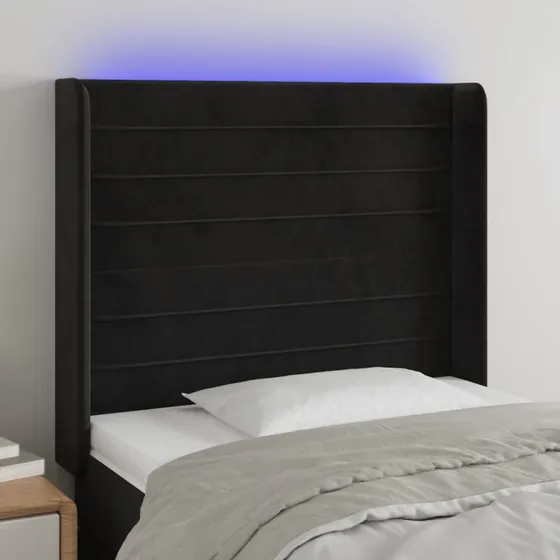 vidaXL Sengegavl med LED-lys 93x16x118/128 cm, sort fløjl