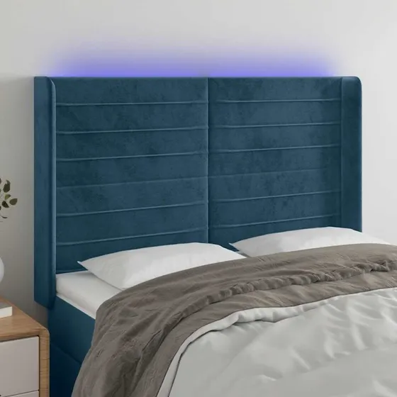 vidaXL Sengegavl med LED-lys 147x16x118/128 cm mørkeblå fløjl