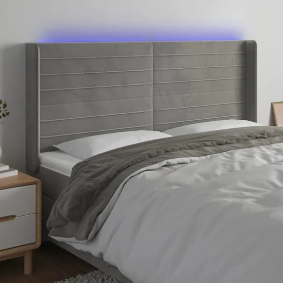 vidaXL Sengegavl med LED-lys 183x16x118/128 cm fløjl lysegrå