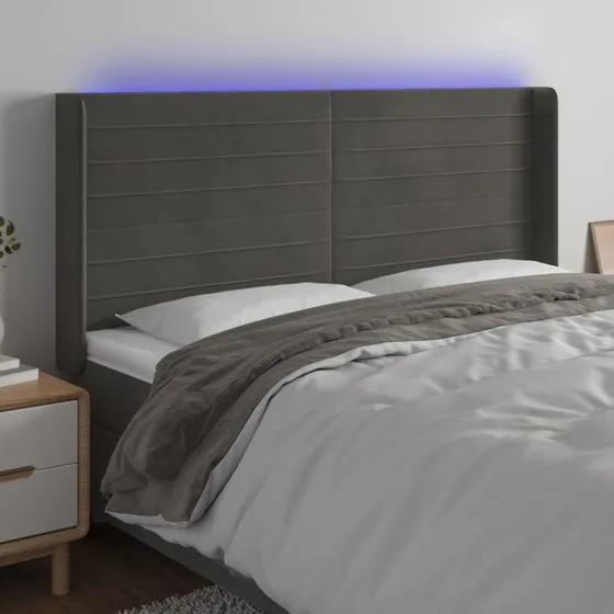 vidaXL Sengegavl med LED-lys 203x16x118/128 cm mørkegrå fløjl