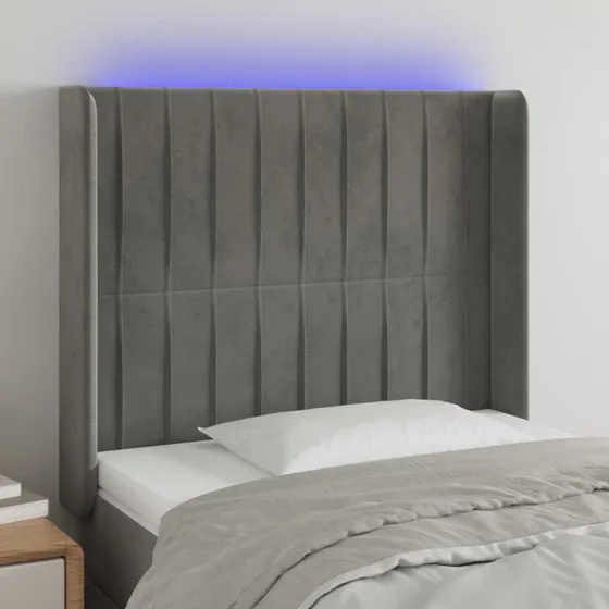 vidaXL Sengegavl med LED-lys 93x16x118/128 cm lysegrå fløjl