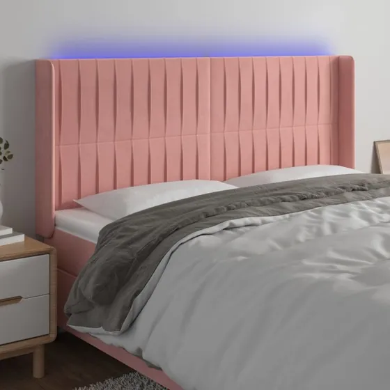 vidaXL Sengegavl med LED-lys 163x16x118/128 cm lyserød fløjl