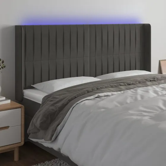 vidaXL Sengegavl med LED-lys 183x16x118/128 cm mørkegrå