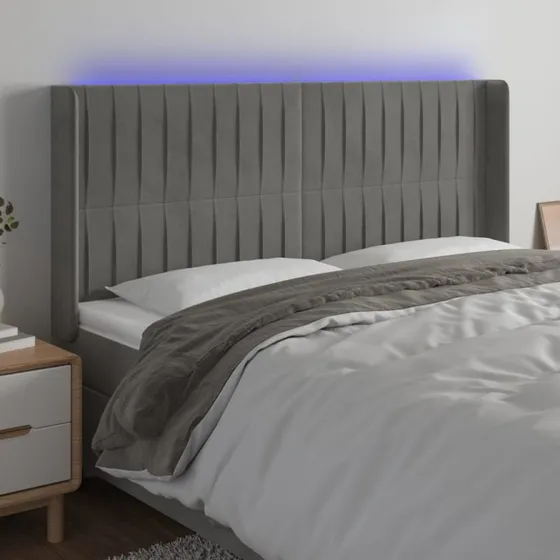 vidaXL Sengegavl med LED-lys 203x16x118/128 cm lysegrå