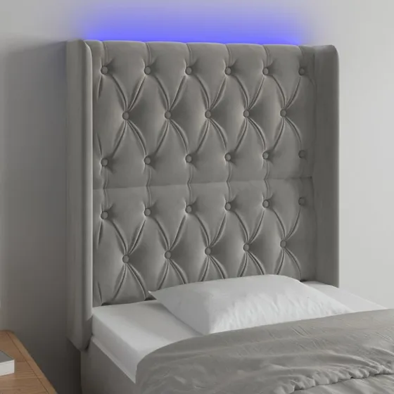 vidaXL Sengegavl med LED-lys 83x16x118/128 cm fløjl lysegrå