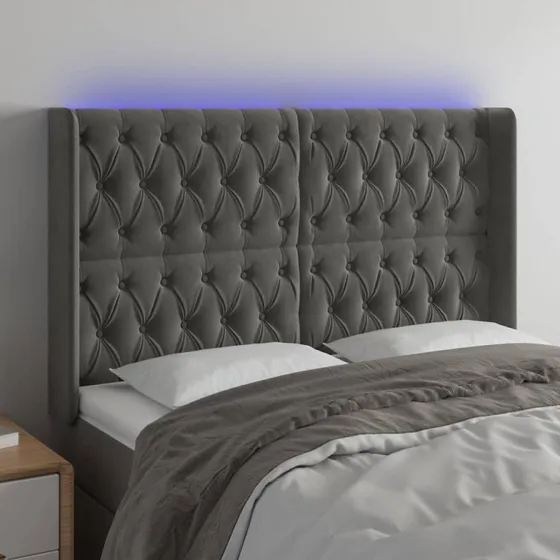 vidaXL Sengegavl med LED-lys 163x16x118/128 cm, mørkegrå fløjl