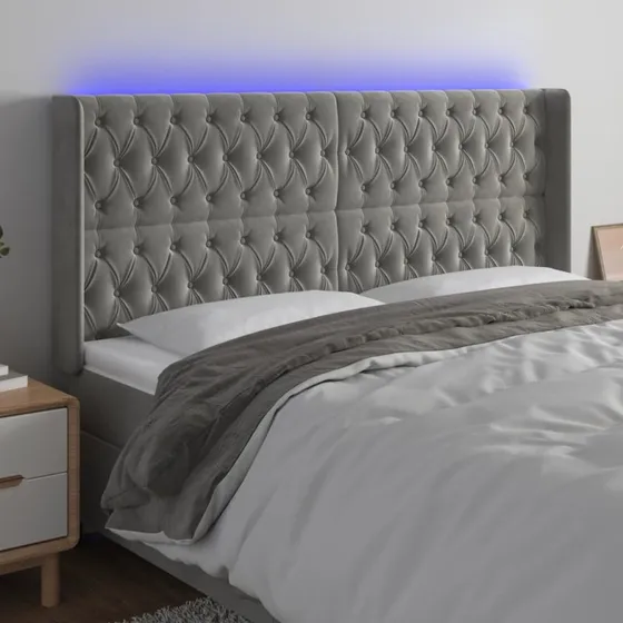 vidaXL Sengegavl med LED-lys 183x16x118/128 cm fløjl lysegrå