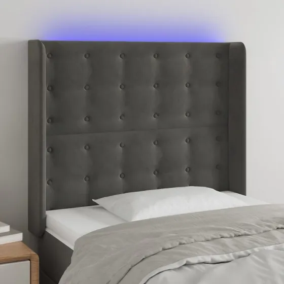 vidaXL Sengegavl med LED-lys 103x16x118/128 cm fløjl mørkegrå