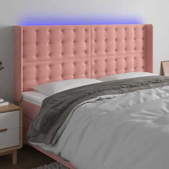 vidaXL Sengegavl med LED-lys 163x16x118/128 cm fløjl lyserød