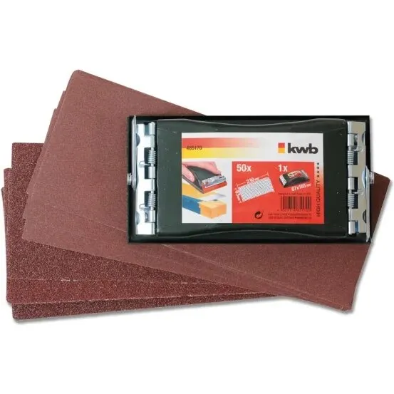 KWB slibeklods med fjederklemmer og 50 slibepapirer
