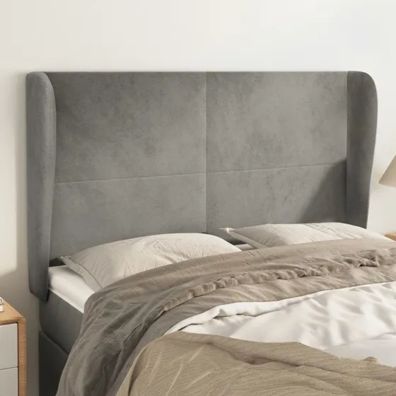 vidaXL Sengegavl med Kanter 147x23x118/128 cm Lysegrå Fløjl