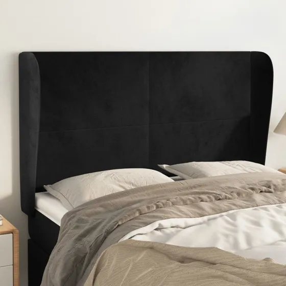 vidaXL Sengegavl med Kanter 147x23x118/128 cm, Sort, Fløjl