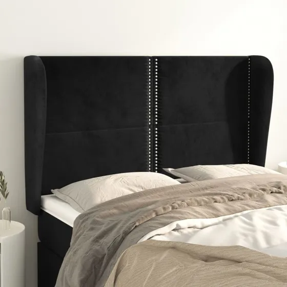 vidaXL Sengegavl med Kanter 147x23x118/128 cm, Sort, Fløjl