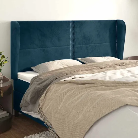 vidaXL Sengegavl med Kanter 163x23x118/128 cm, Mørkeblå Fløjl