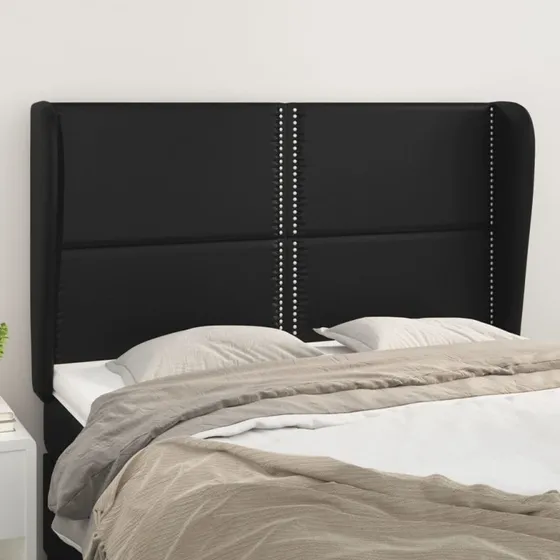 vidaXL Sengegavl med Kanter 147x23x118/128 cm Sort Kunstlæder