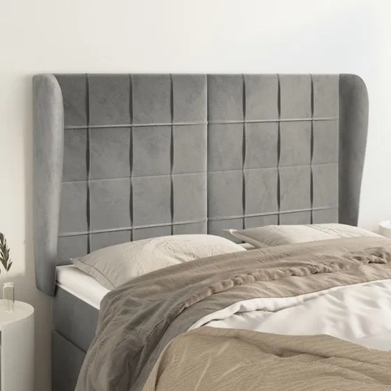 vidaXL Sengegavl med Kanter 147x23x118/128 cm Lysegrå Fløjl