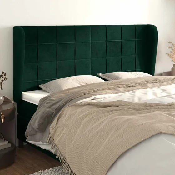 vidaXL Sengegavl med Kanter 163x23x118/128 cm Fløjl Mørkegrøn