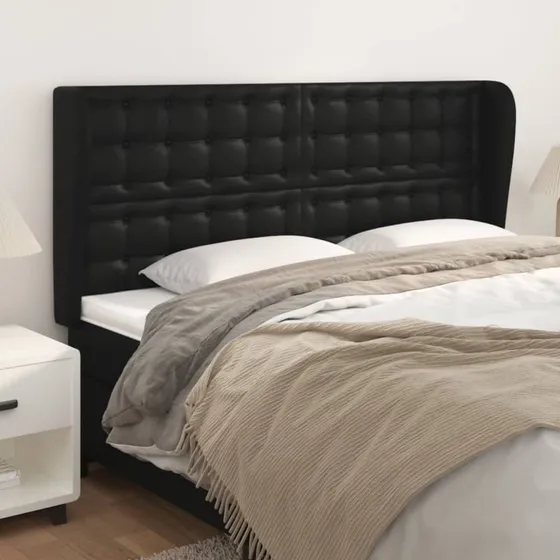 vidaXL Sengegavl med Kanter 163x23x118/128 cm Sort Kunstlæder