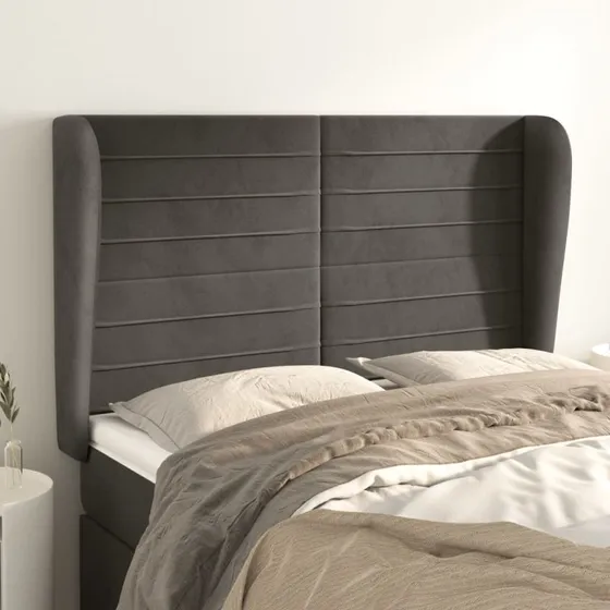 vidaXL Sengegavl med Kanter 147x23x118/128 cm Fløjl Mørkegrå