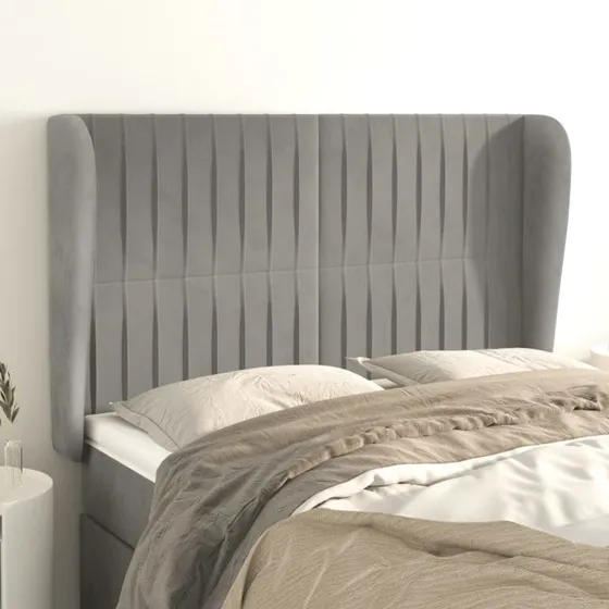 vidaXL Sengegavl med Kanter 147x23x118/128 cm Lysegrå Fløjl