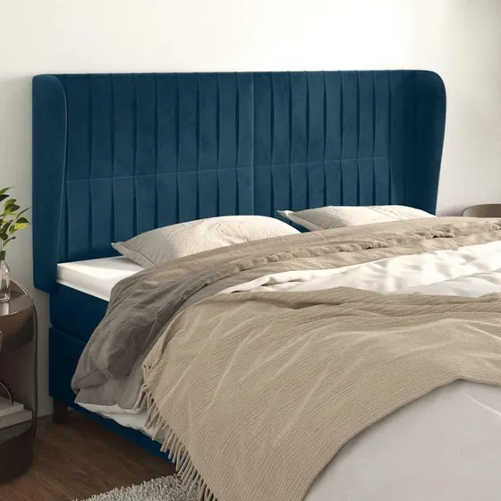 vidaXL Sengegavl med Kanter 163x23x118/128 cm, Mørkeblå Fløjl