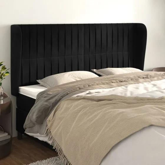 vidaXL Sengegavl med Kanter 183x23x118/128 cm, Sort, Fløjl