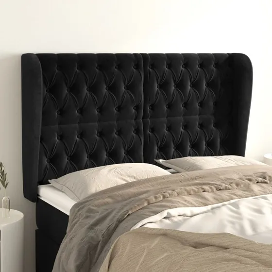vidaXL Sengegavl med Kanter 147x23x118/128 cm, Sort, Fløjl