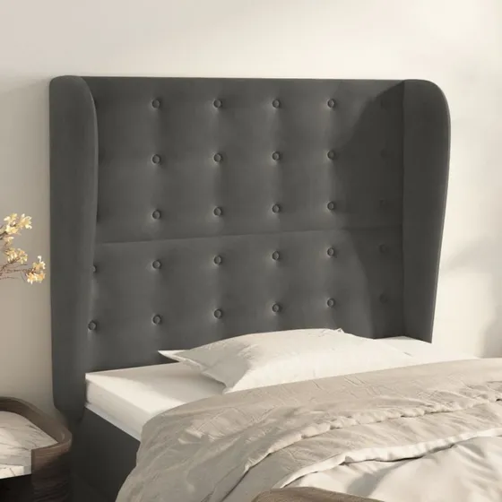 vidaXL Sengegavl med Kanter 83x23x118/128 cm Mørkegrå Fløjl