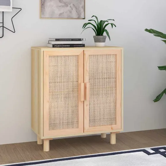 vidaXL Skænk 60x30x70 cm massivt fyrretræ og naturlig rattan brun