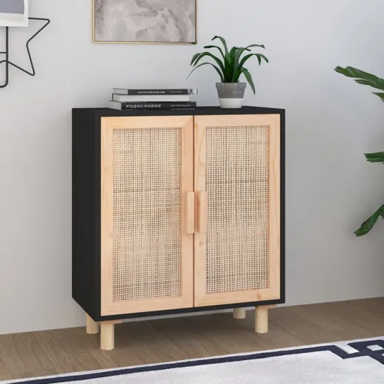 vidaXL Skænk 60x30x70 cm massivt fyrretræ og rattan sort