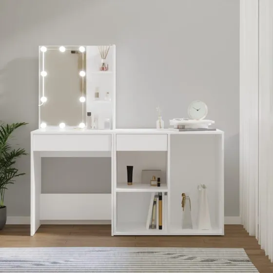 vidaXL Makeupbord med LED-lys og skab i konstrueret træ, hvid